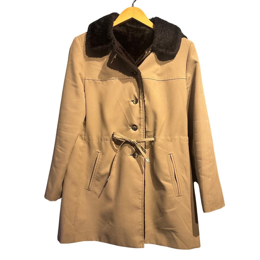 La Sport Large Vintage Ladies Jacket 60's Khaki Black Faux Fur Removable Hood